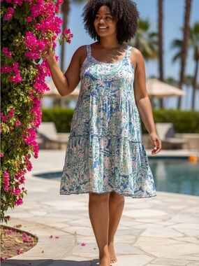 Sleeveless Blue and Pink Paisley Swim Cover-Up Dress